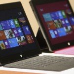 New Surface tablet computers with keyboards are displayed at its unveiling by Microsoft in Los Angeles